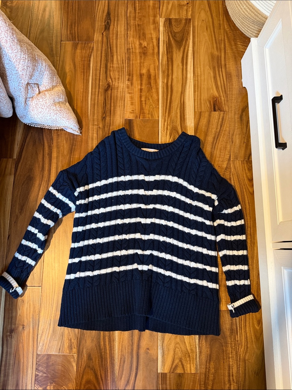 Philosophy Navy and White Striped Cable Knit Crewneck Sweater